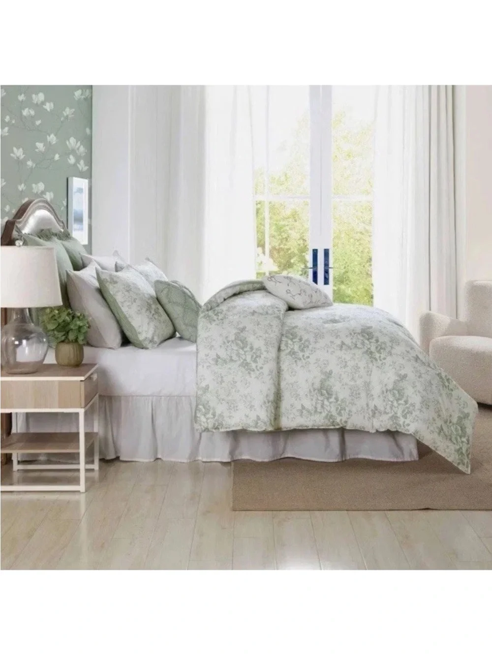 Laura Ashley Twin Green Floral Toile Reversible Comforter Set 5pc